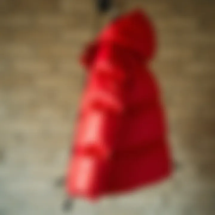 A vibrant red puff coat hanging elegantly against a textured backdrop