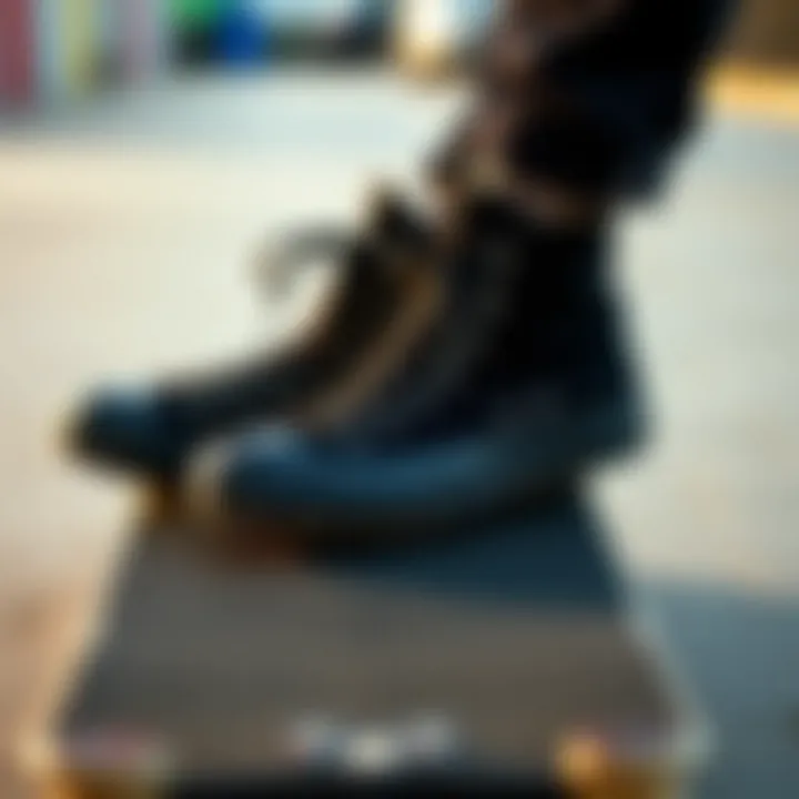 Black Converse high tops on skateboard deck