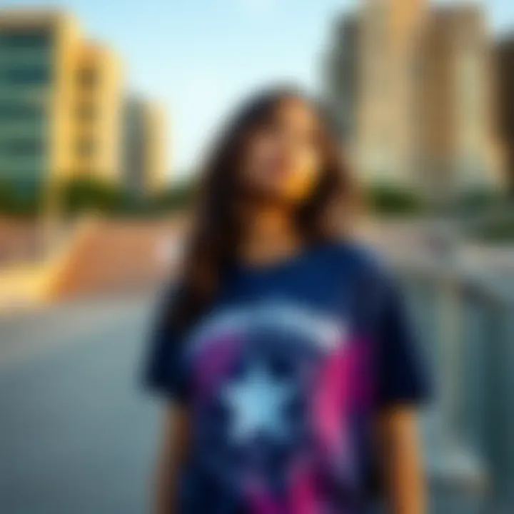 Urban Skate Park Vibe with Converse A vibrant Converse t-shirt showcased in an urban skate park setting.