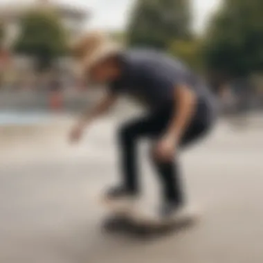 A skateboarder wearing a bucket hat in action at a skatepark.