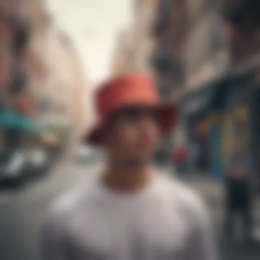 A stylish bucket hat showcased on a vibrant urban background.