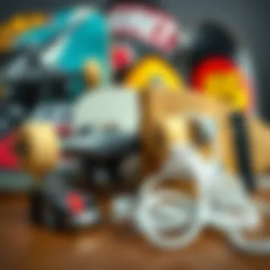 Skateboard Accessories Featuring White Round Laces A creative display of various skateboard decks and accessories alongside white round laces