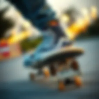 Skater Executing a Trick with Style A skater performing a trick on a skateboard, highlighting the footwear with white round laces