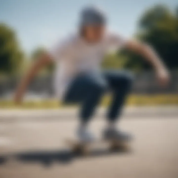 Skateboarder wearing navy and white checkered Vans in action