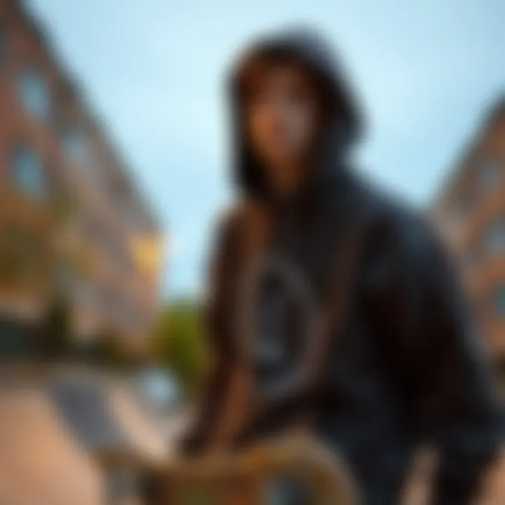 Skateboarder in Trendy Hoodie A skateboarder wearing a trendy hoodie in an urban skate park setting