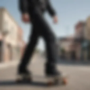 A stylish individual showcasing Dickies slim fit pants in black while skateboarding