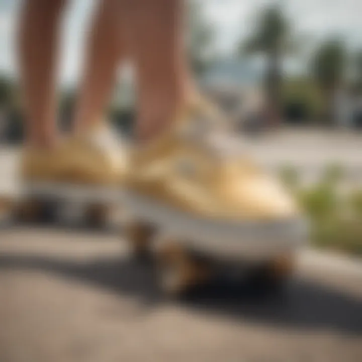 Gold Vans being worn during a skateboarding session