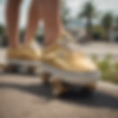 Gold Vans in Action: Skateboarding Session Gold Vans being worn during a skateboarding session