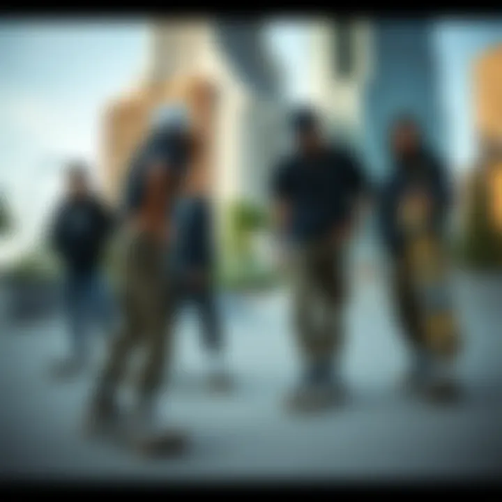 Community Vibe with Jolt Pants Group of skateboarders wearing jolt pants in an urban skate park