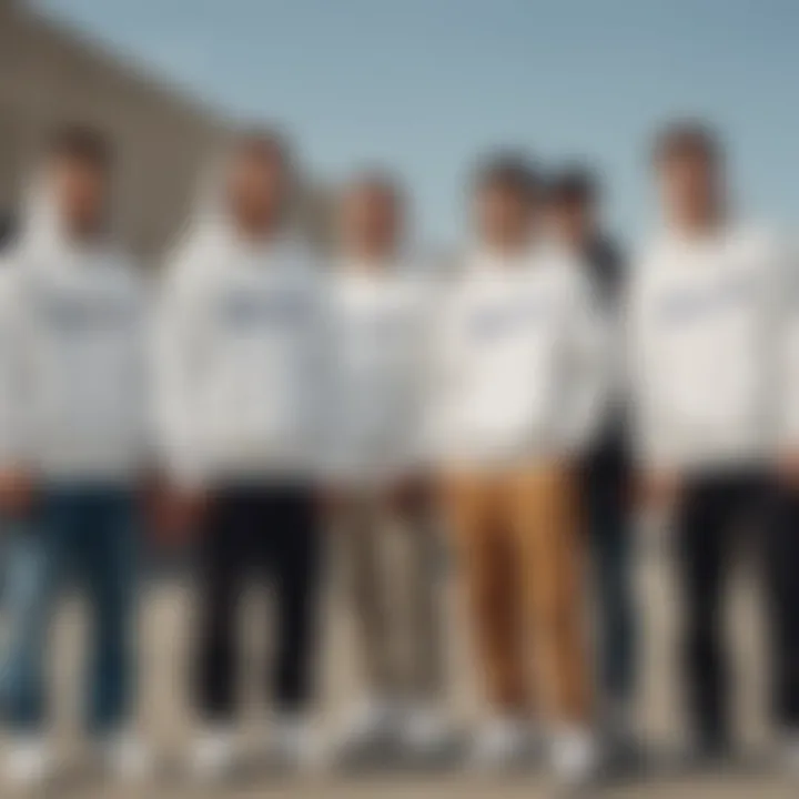 A group of skateboarders wearing the white Champion hoodie zip-up, showcasing community spirit.