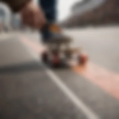 A close-up of a skateboard with tactile markings for blind skaters