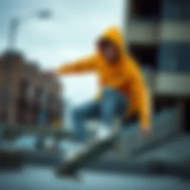 Dynamic skateboarder showcasing the yellow Adidas hoodie in an urban setting