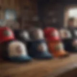 A collection of stylish trucker hats displayed on a rustic wooden table