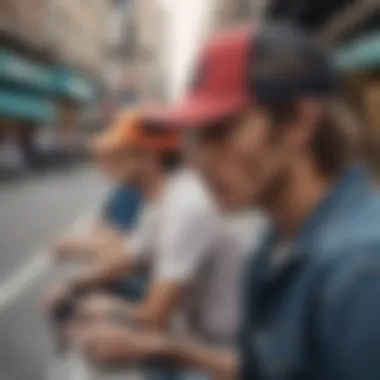 A vibrant street scene depicting individuals wearing trucker hats in urban settings