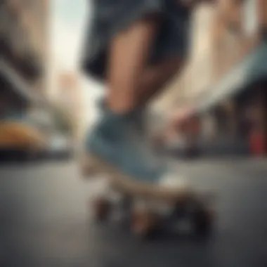 An action shot of a skateboarder using ultra range shoes in an urban setting, highlighting their functionality.