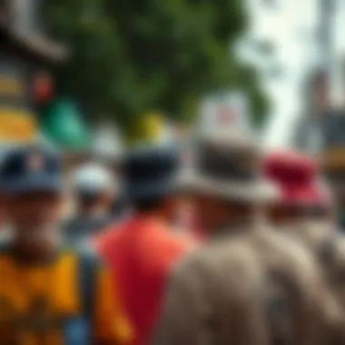 5 Panel Camper Hats in Street Culture A vibrant street scene featuring individuals wearing 5 panel camper hats.