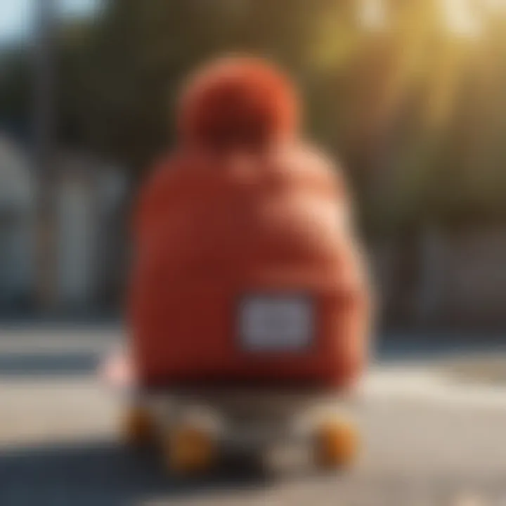 A stylish beanie displayed on a skateboard