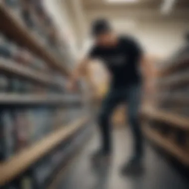 A skater selecting wheels in a skate shop, highlighting the importance of wheel choice.