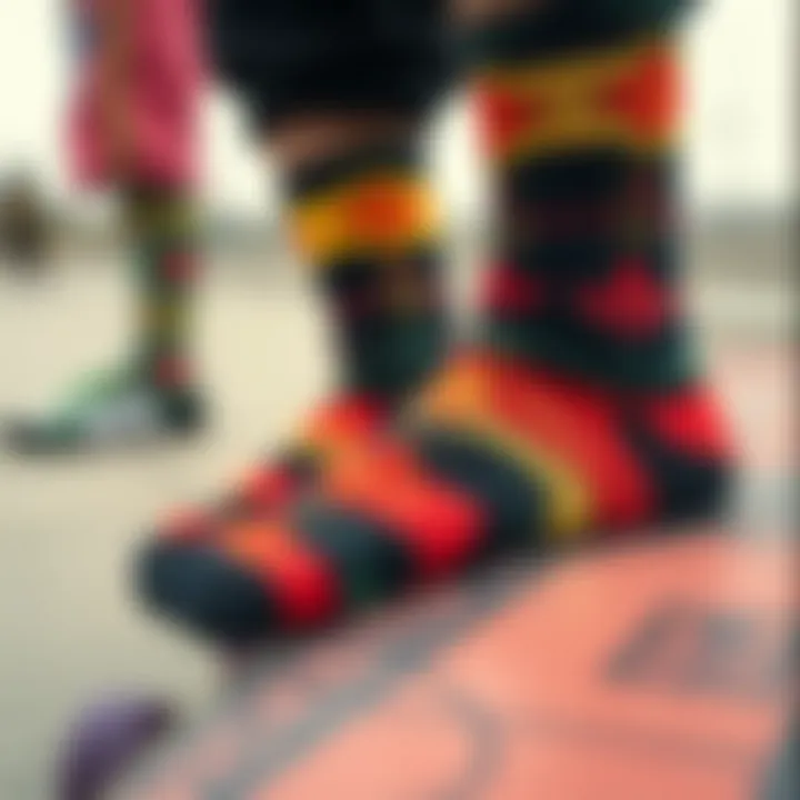 Artistry in Sock Design: Patterns That Speak Close-up of unique sock patterns that reflect skate culture.