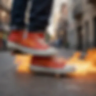 Skateboarder wearing flame sneakers in an urban setting