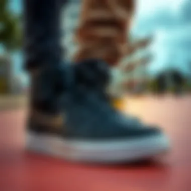 Urban Vibes: Black Nike High Tops at the Skate Park Urban skate park scene highlighting various skateboarding gear including black Nike high tops