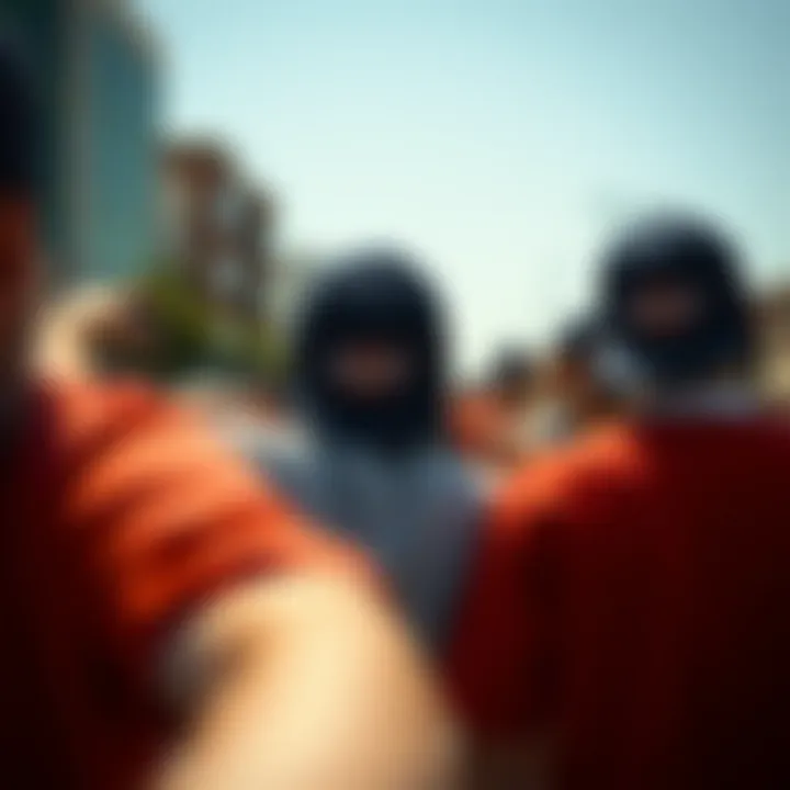 An urban skateboarding scene featuring multiple riders in Dickies hats