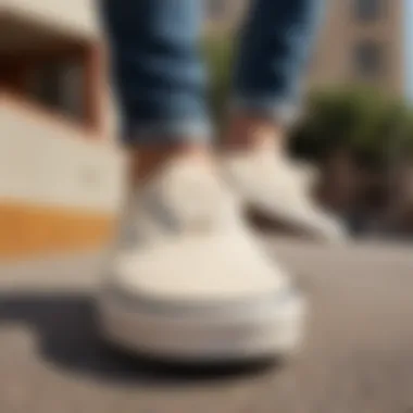 Vans Authentic Cream in Action Vans Authentic Cream worn in an urban skateboarding scene