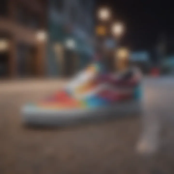 Close-up of a Vans shoe with colorful light patterns