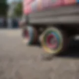 A close-up of vibrant Vans rainbow laces intertwined with skateboard wheels.