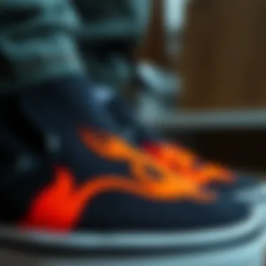 Flame Graphics Detail Close-up of flame design on Vans slip-ons