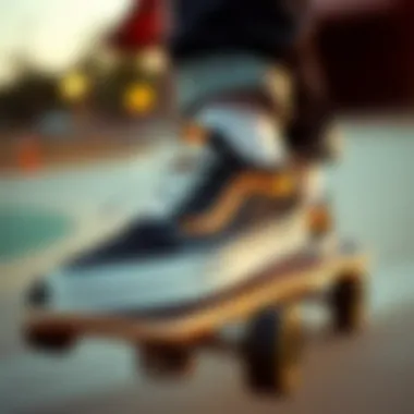 Vans Sneakers in Action A close-up of Vans sneakers on a skateboard