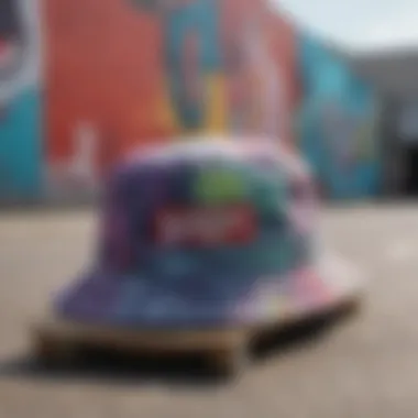 The Vans tie-dye bucket hat resting on a skateboard with urban graffiti in the background