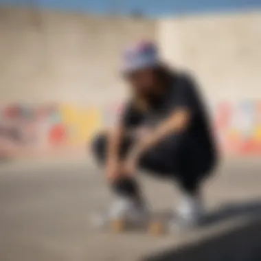 An individual wearing the Vans tie-dye bucket hat in a skatepark environment