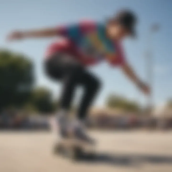 A skateboarder wearing Vans tie dye shoes performing a trick