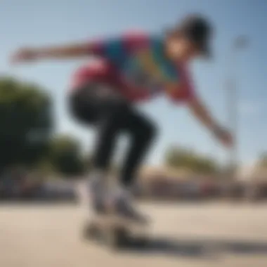 Skateboarding Culture and Tie Dye Style A skateboarder wearing Vans tie dye shoes performing a trick