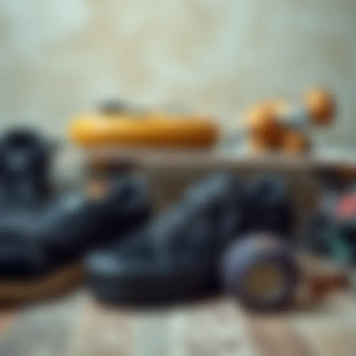 Stylish arrangement of the Vans Triple Black Platform alongside skateboarding gear