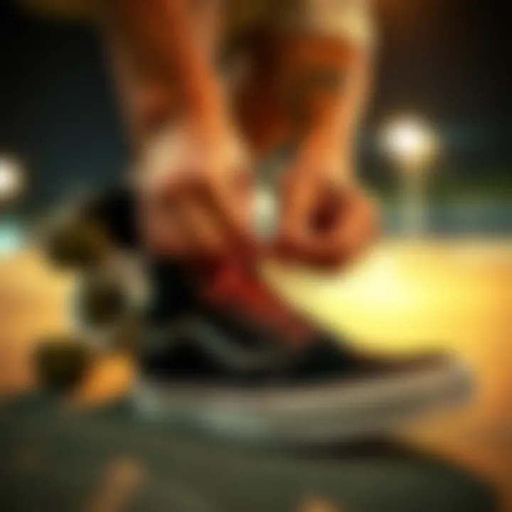 Skateboarder demonstrating lacing technique