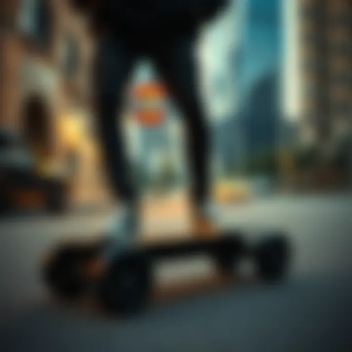 Urban Exploration with Vokul V1 User enjoying the ride on a Vokul V1 skateboard in an urban setting