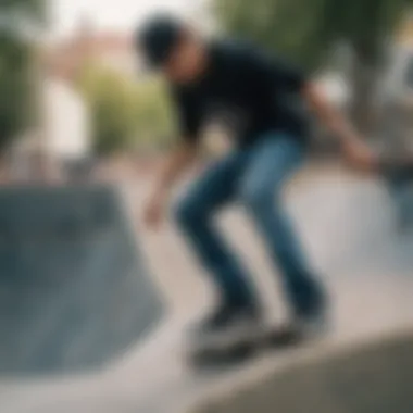 A stylish individual showcasing Volcom jeans in an urban skate park