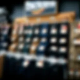 A variety of Dickies pants displayed in a retail setting