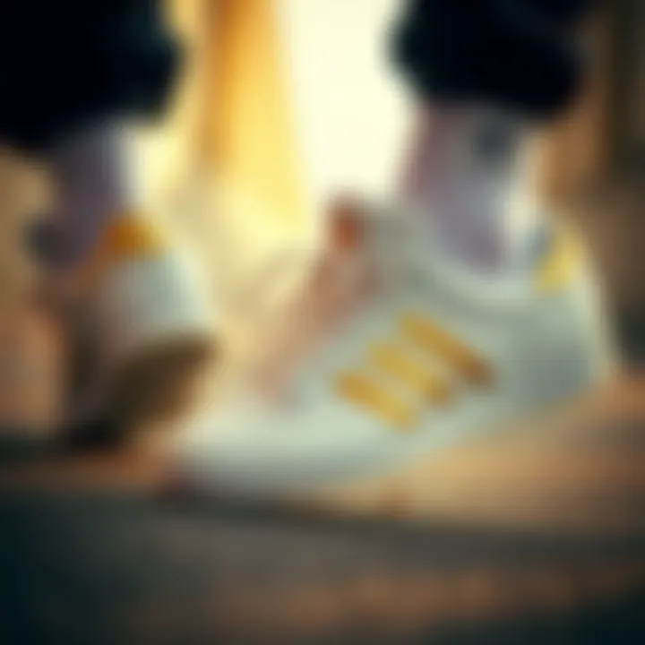 The Fusion of Streetwear and Performance with Adidas Streetwear fashion featuring white and gold Adidas shoes