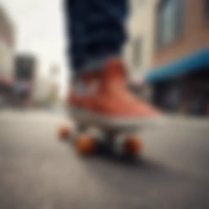 Skateboard resting on Zumiez shoes, symbolizing skate culture