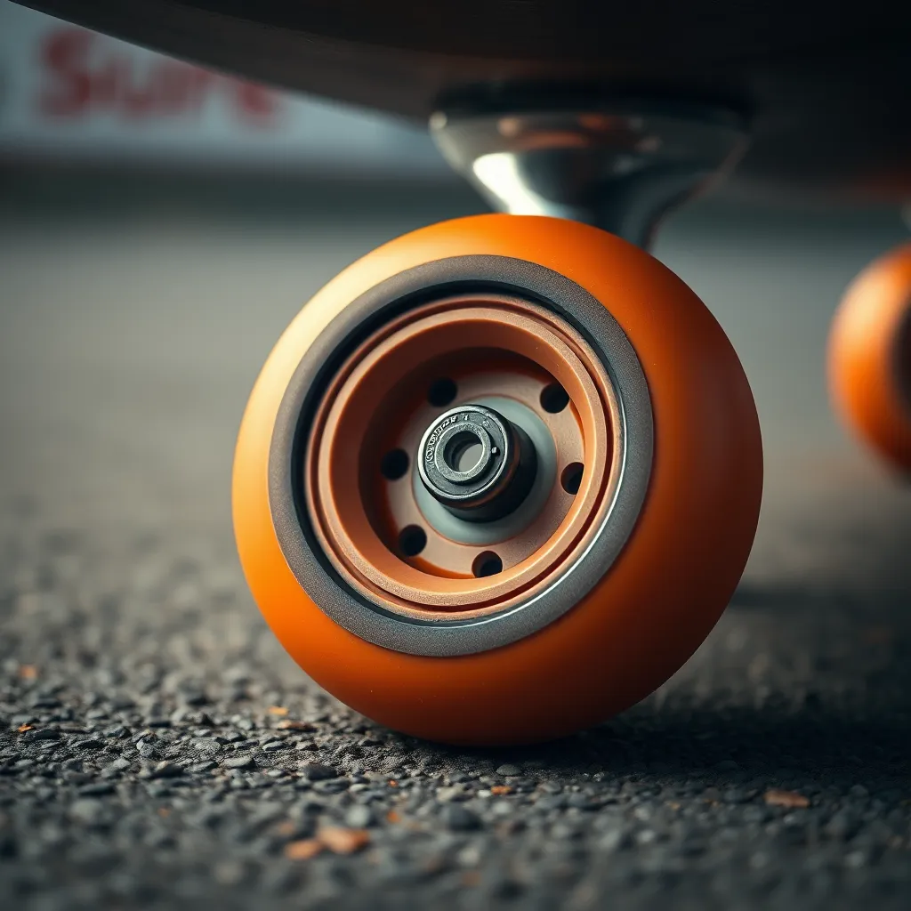Orange skateboard wheel mounted beneath a deck